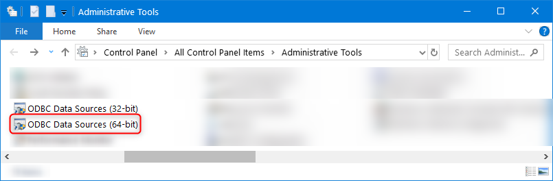 Administrative Tools window showing ODBC Data Sources for 32-bit and 64-bit options.