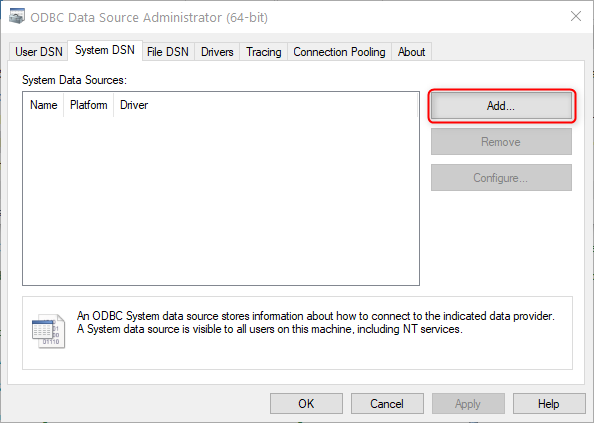 ODBC Data Source Administrator window showing options to add, remove, or configure data sources.