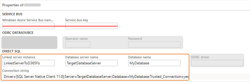 Configuration settings for Azure Service Bus and SQL database connection details displayed.