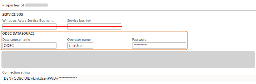 Configuration settings for Azure Service Bus and ODBC data source connection details.