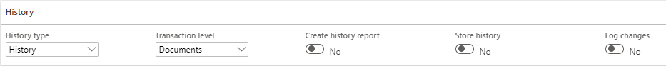 Settings for history type, transaction level, and report creation options displayed on screen.