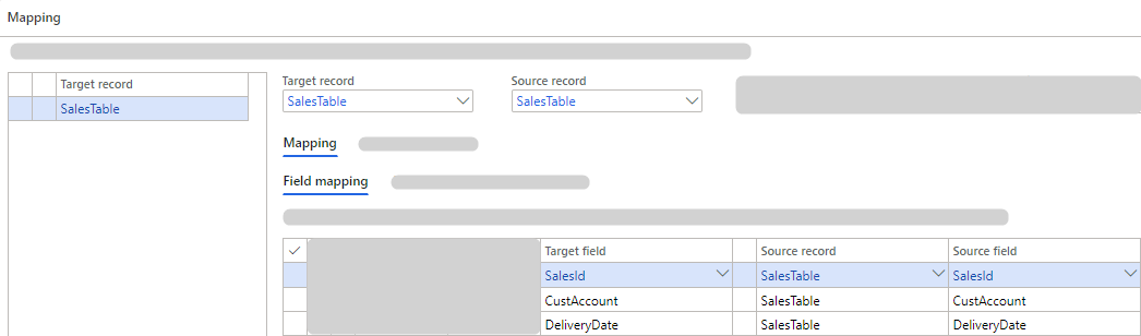 Mapping interface showing target and source records for SalesTable fields.