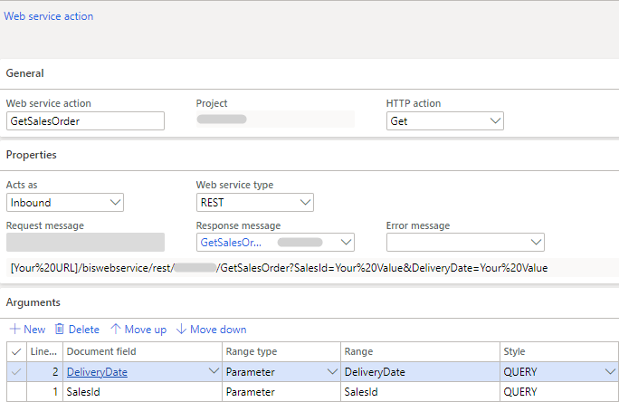 Web service action configuration for retrieving sales order details via REST API.