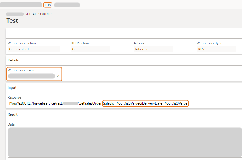 Web service action details for GetSalesOrder with highlighted resource input parameters.