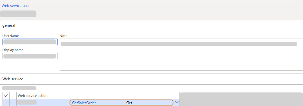 User service settings with highlighted action for retrieving sales orders.