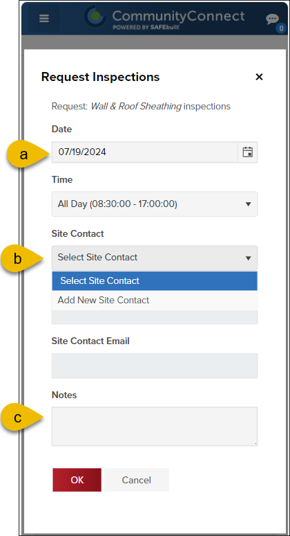 CommunityConnect Mobile, Request Inspections, Date, Contact, Notes.png