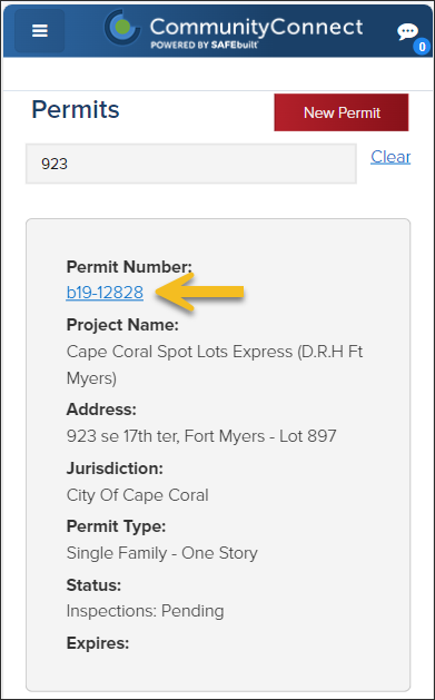CommunityConnect Mobile, Search, Select Permit Number to Open.png