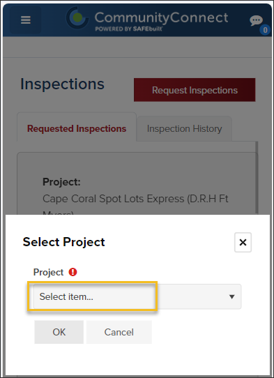 CommunityConnect Mobile, Weintraub, Request Inspecitons, Select Project.png