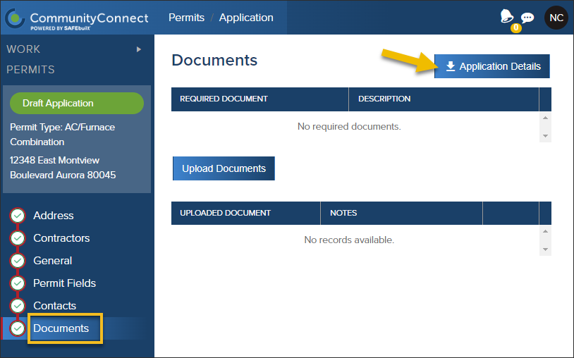 Application details button in Application documents tab