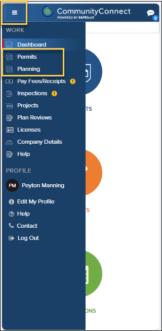 CommunityConnect, Mobile, Menu, Permits or Planning.png