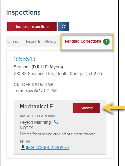 CommunityConnect, Weintraub, Inspections, Pending Corrections, Submit.png