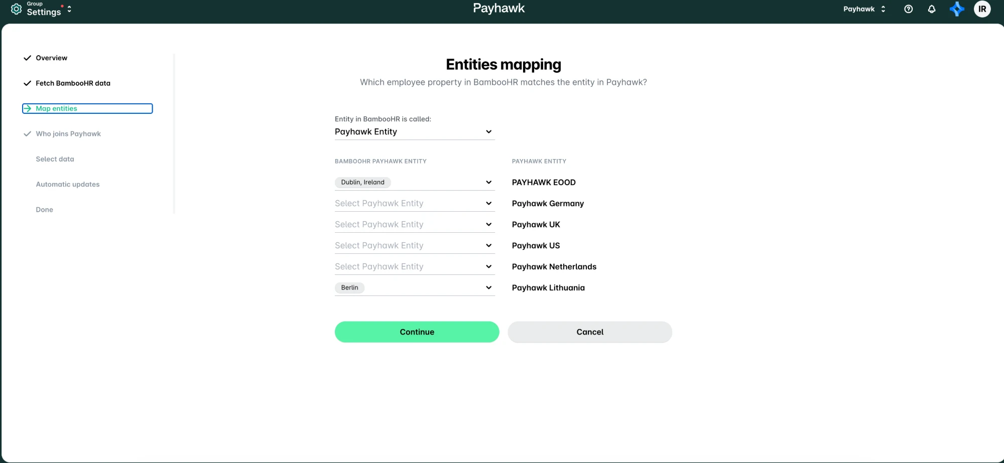 Entities mapping screen matching HR system entities to Payhawk entities
