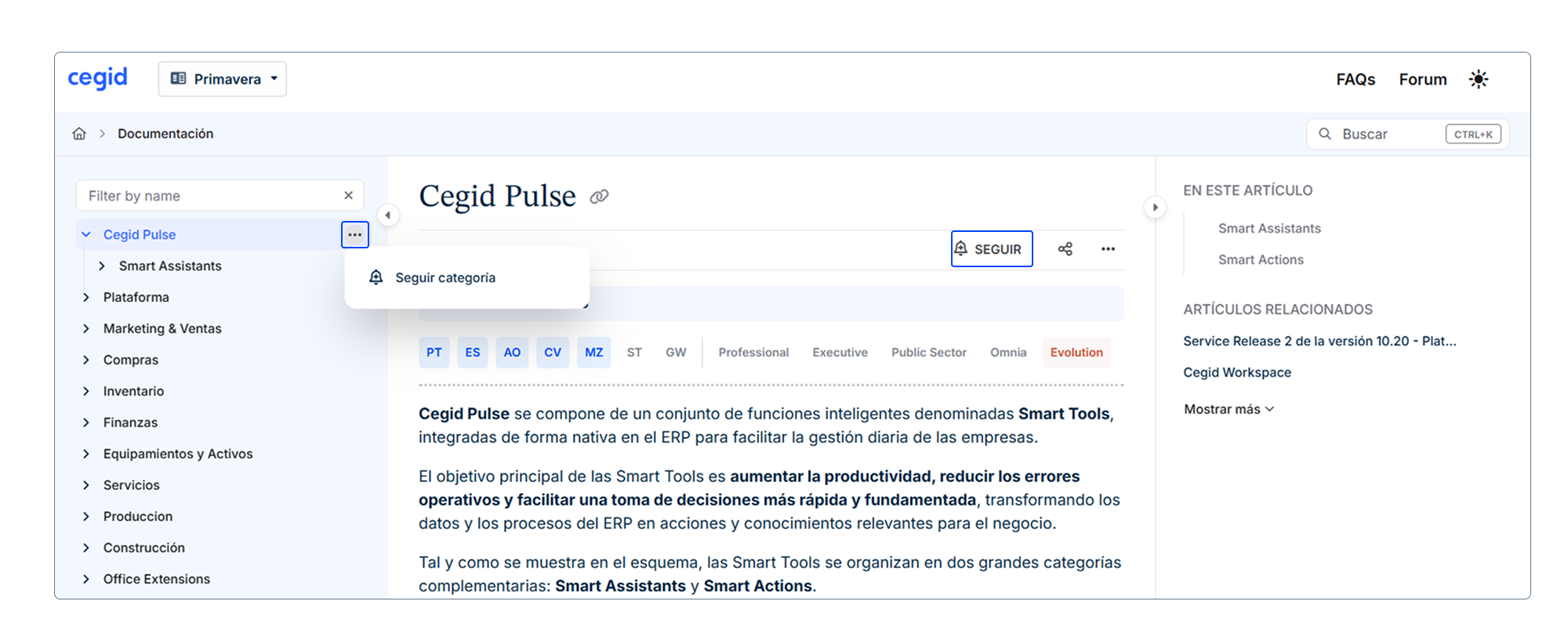 Cegid Pulse interface displaying Smart Tools and related categories for business management.