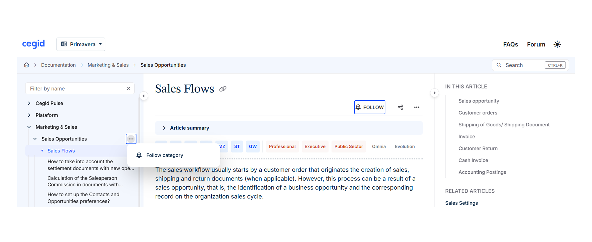 Sales Flows section highlighting workflow processes in sales documentation and related articles.