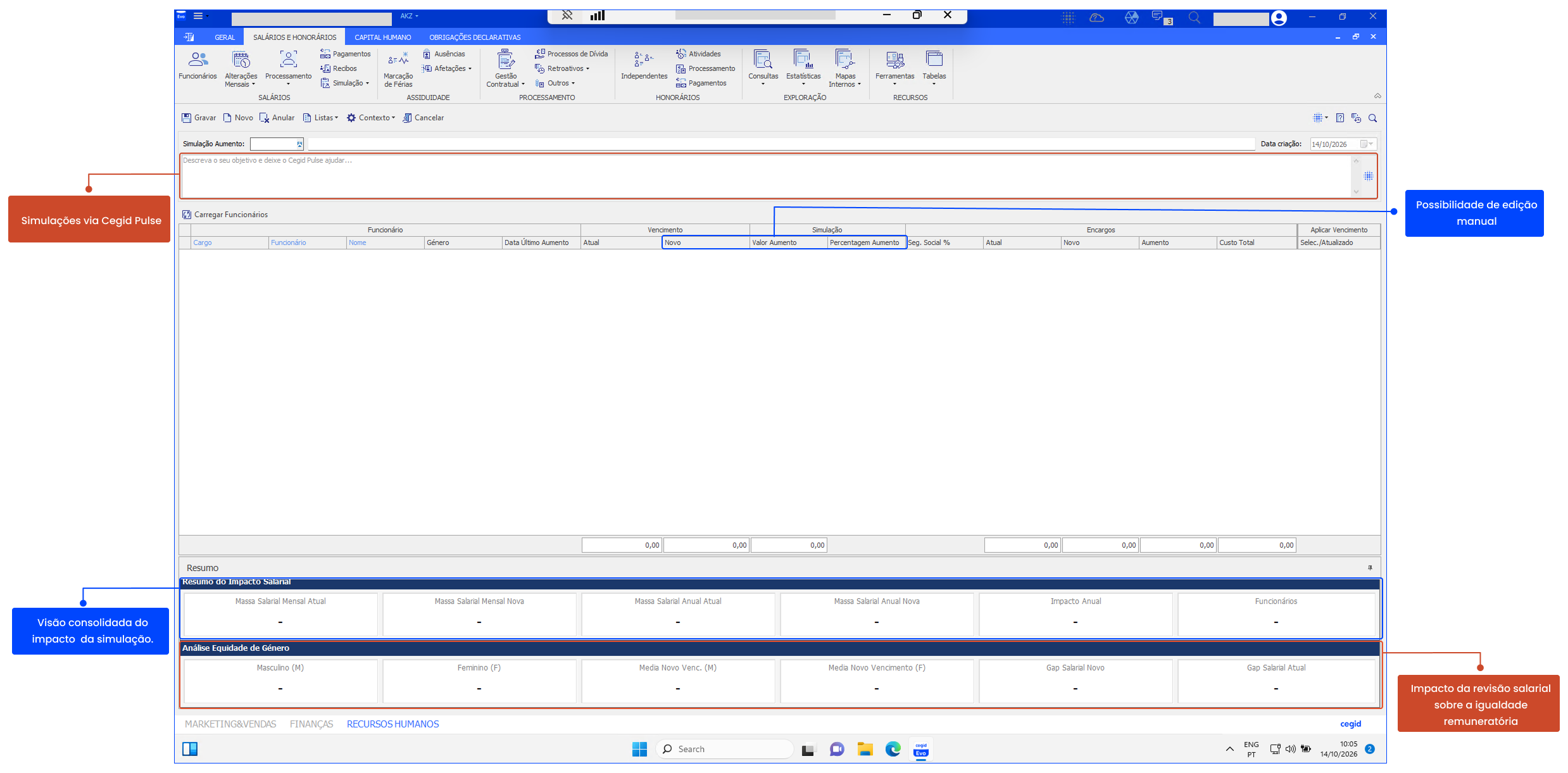 Cegid Pulse salary simulation screen highlights manual adjustments and consolidated salary impact, including pay equity analysis.