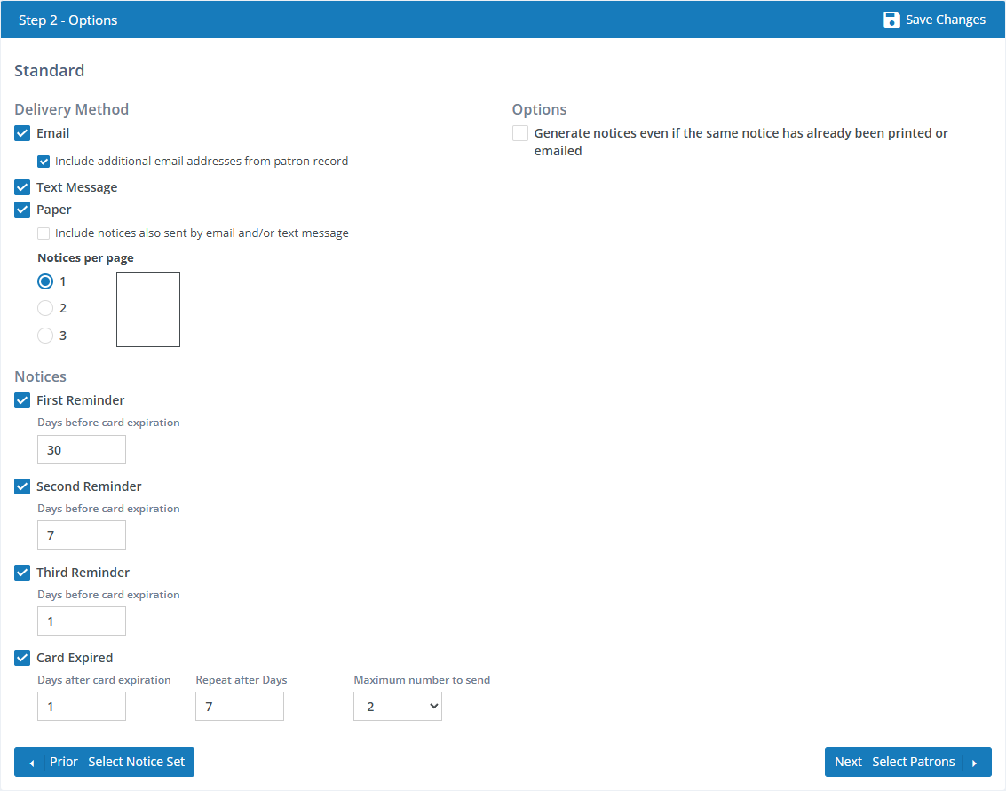 Card Expiring Notices Options