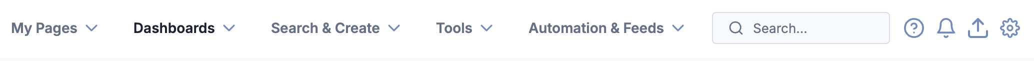 New ThreatConnect top navigation bar, including dropdowns for My Pages, Dashboards, Search & Create, Tools, Automation & Feeds, & search bar