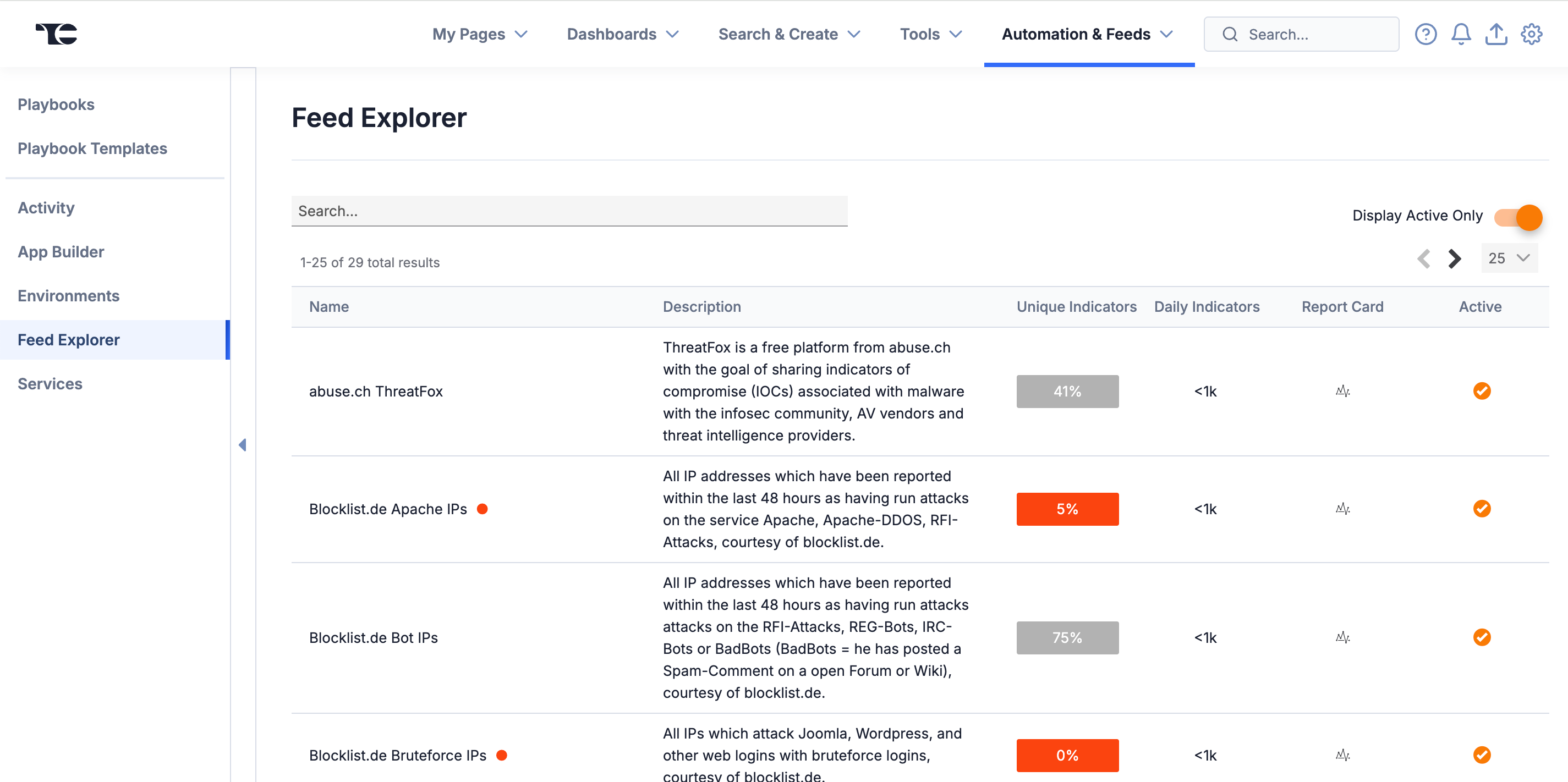 Feed Explorer screen selected in Automation & Feeds vertical navigation
