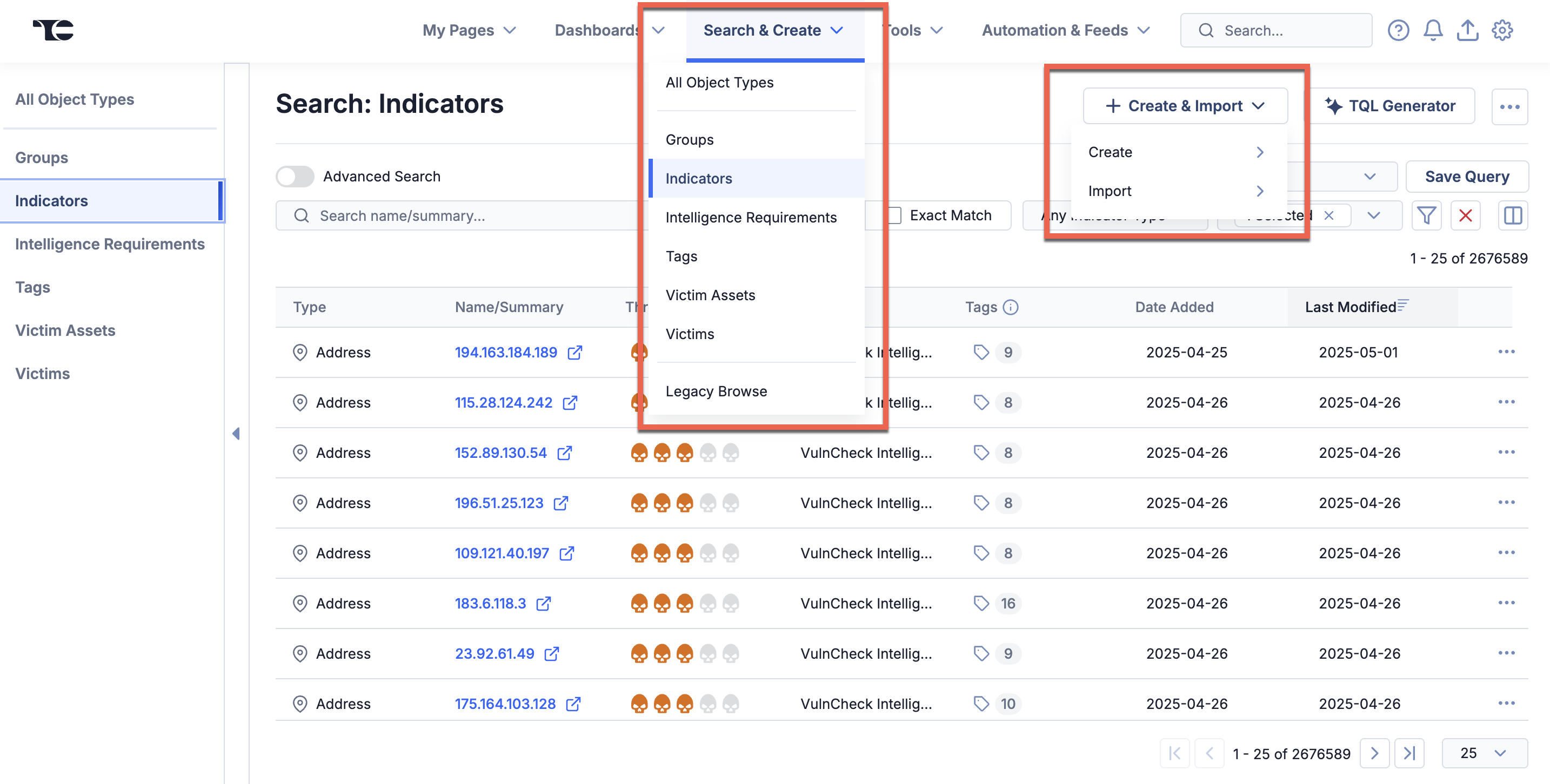 "Search: Indicators" screen, with the "Search & Create" dropdown and "Create & Import" button highlighted