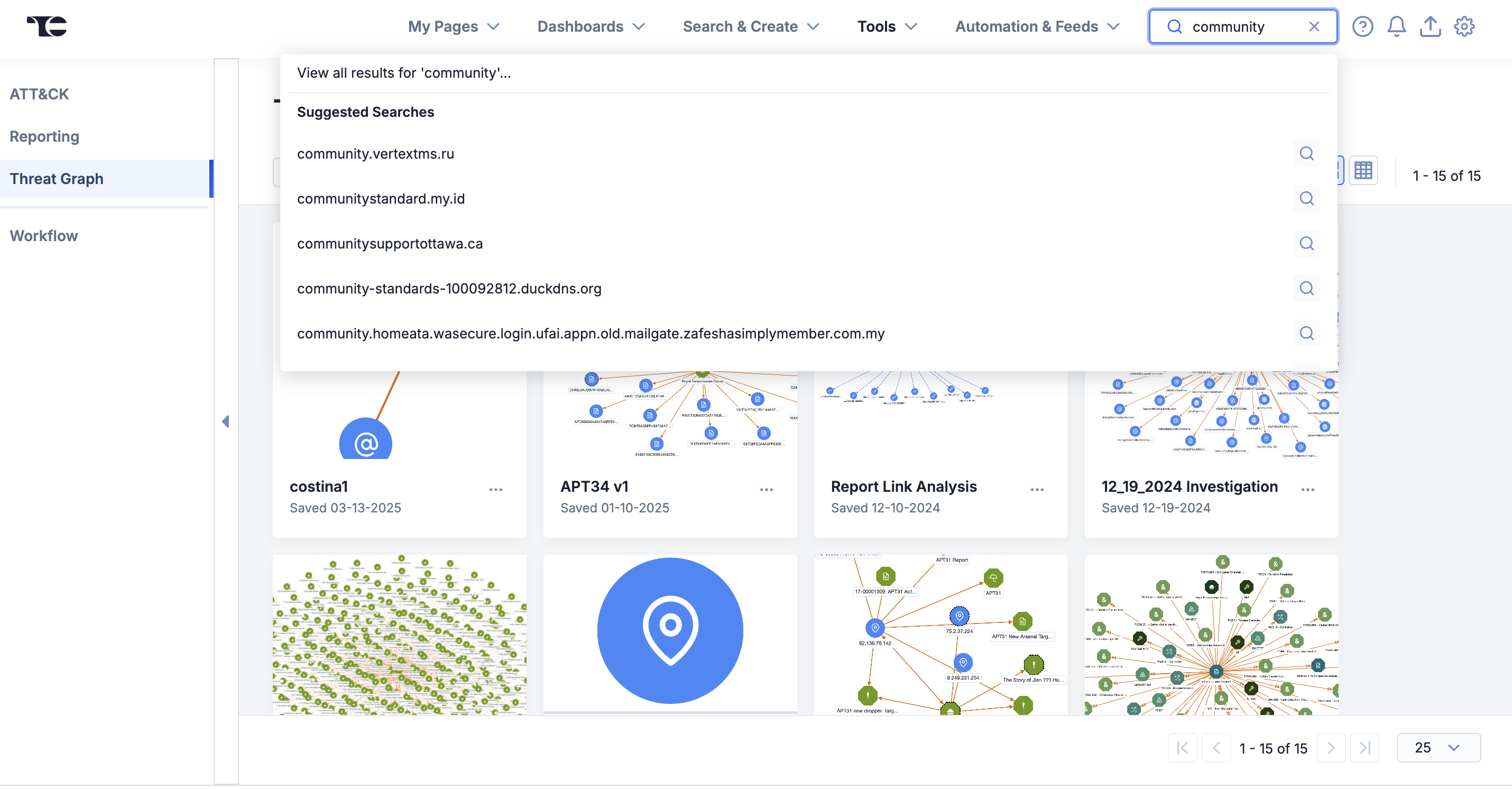 Threat Graph screen showing a query typed into the ThreatConnect top navigation search bar