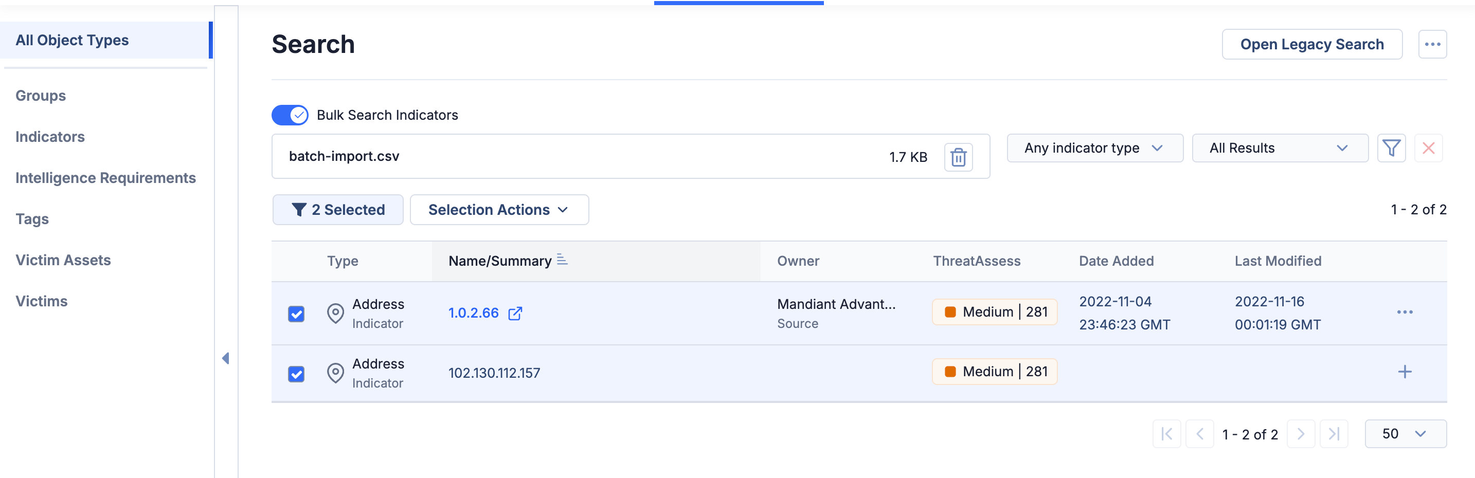 "Search: All Object Types" screen with "Bulk Search Indicators" toggle on, showing view filtered only to selected results