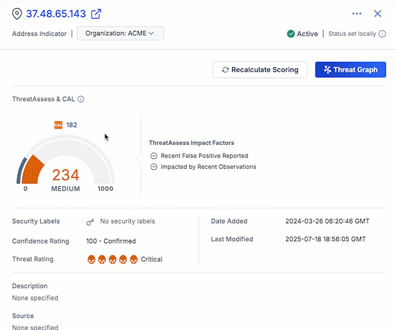 A GIF showing how the "Recalculate Scoring" button automatically recalculates the ThreatAssess score in an Indicator's Details drawer