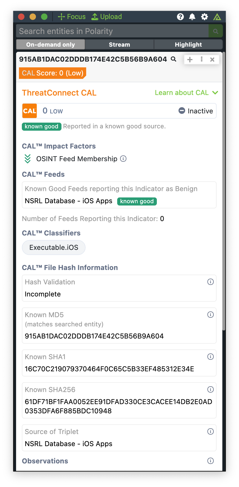 Polarity window showing NSRL Database in CAL section