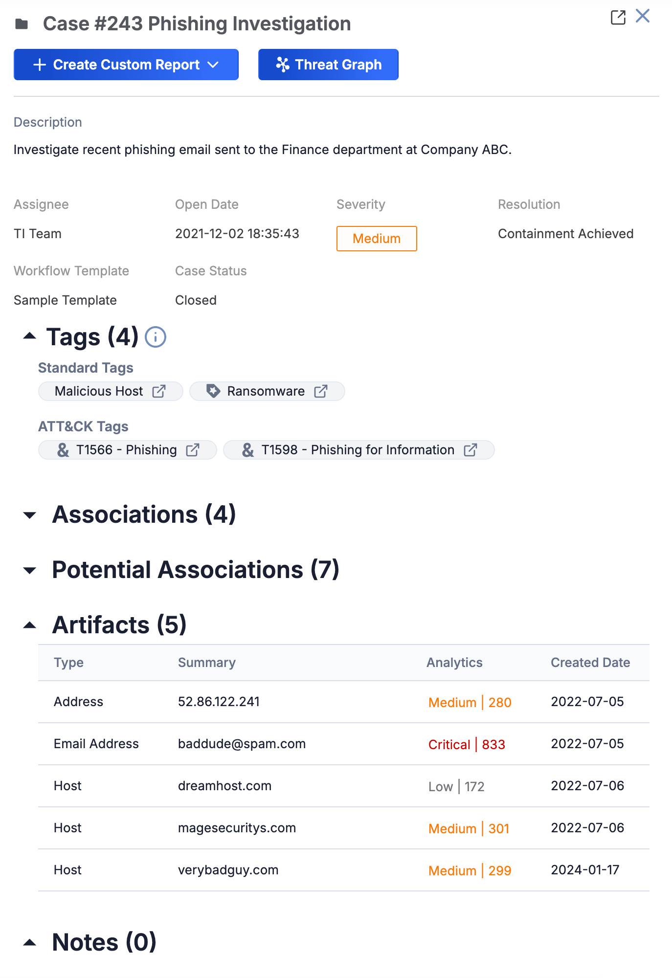 Screenshot of the details drawer for a case
