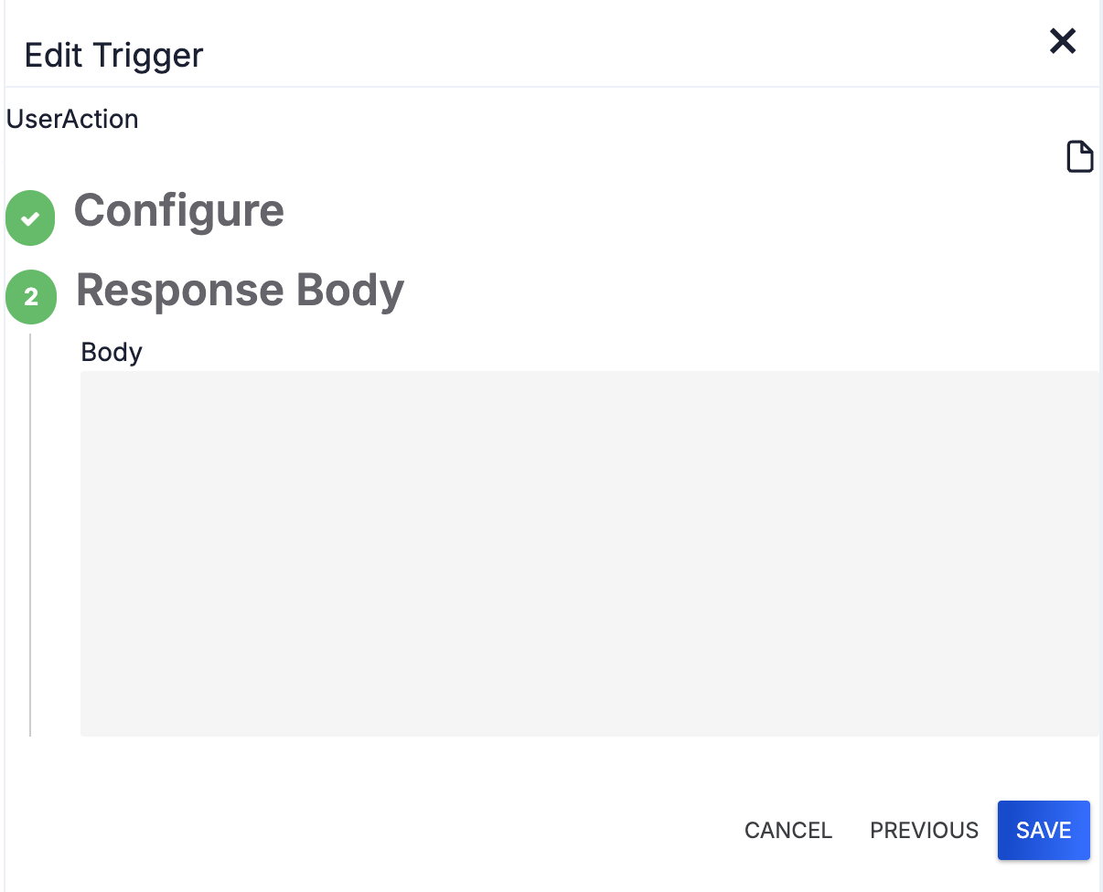 The Edit Trigger window of an UserAction trigger
