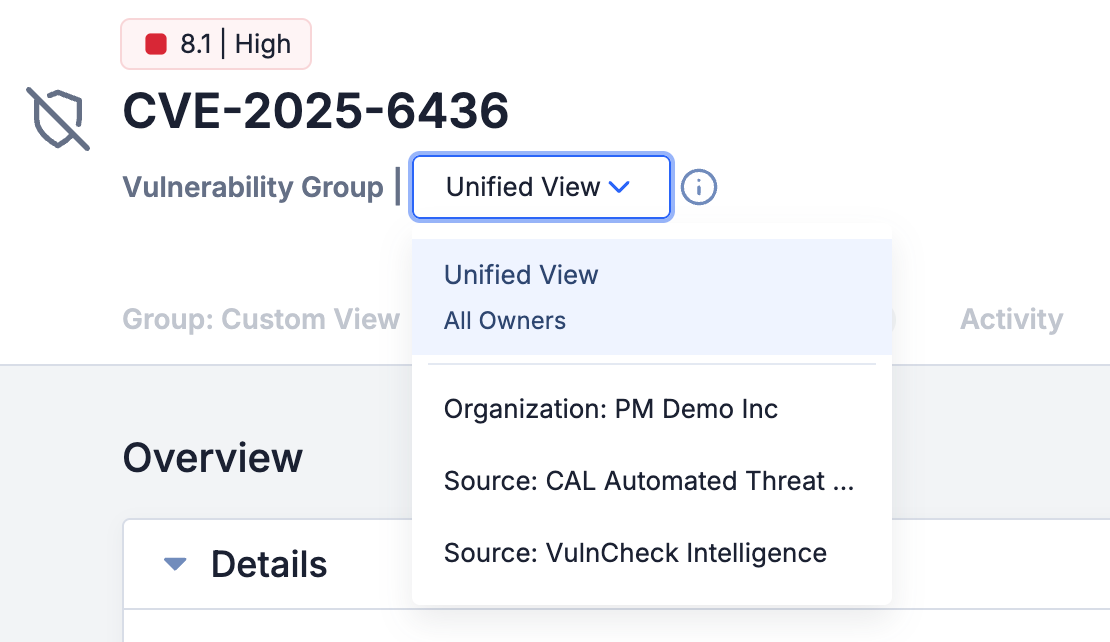 Owners menu for Vulnerability Details screen, where you can select unified view or single owners