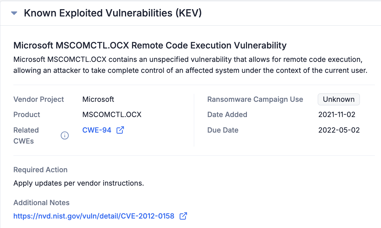 KEV card for Vulnerabilities