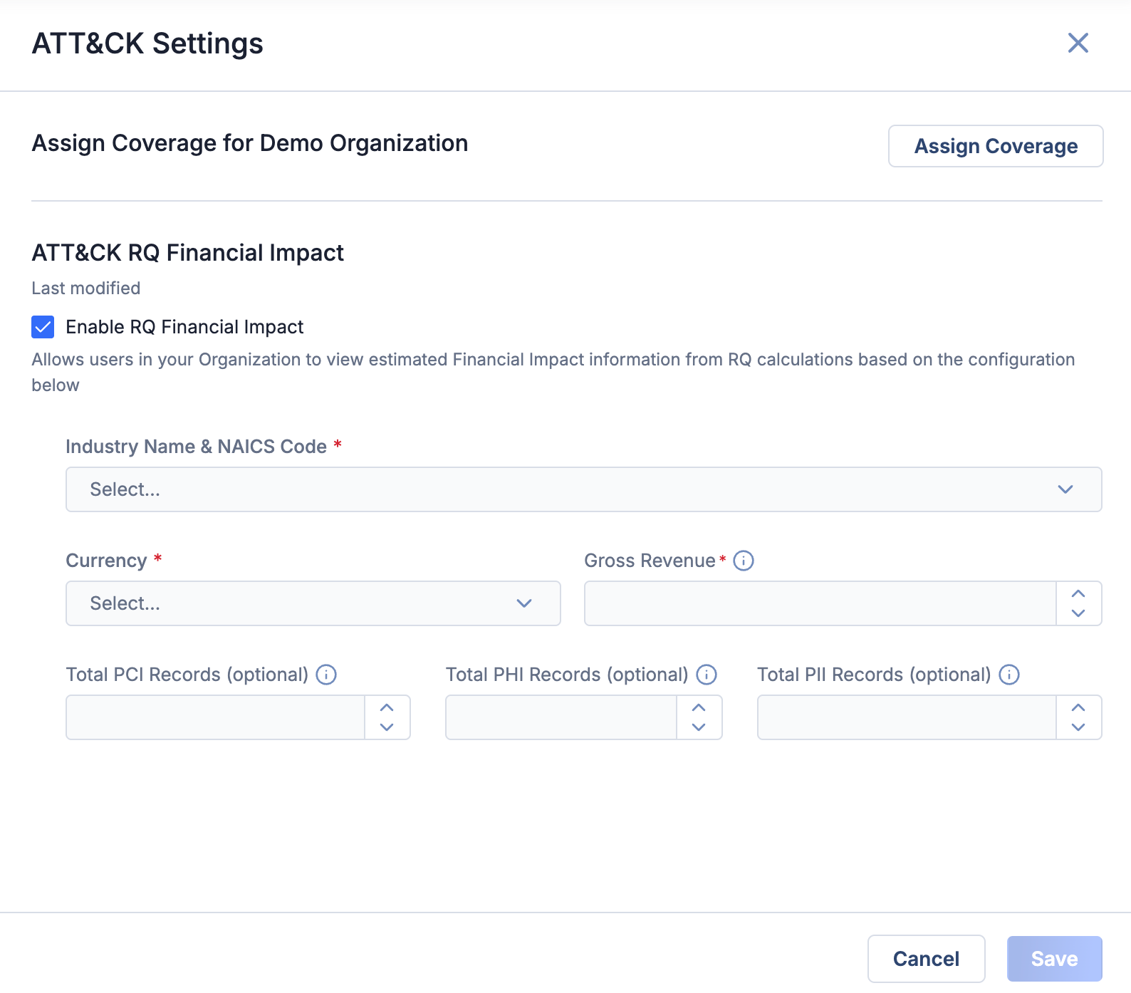 ATT&CK Settings drawer for ATT&CK Visualizer, showing where Organization Administrators can configure ATT&CK RQ Financial Impact
