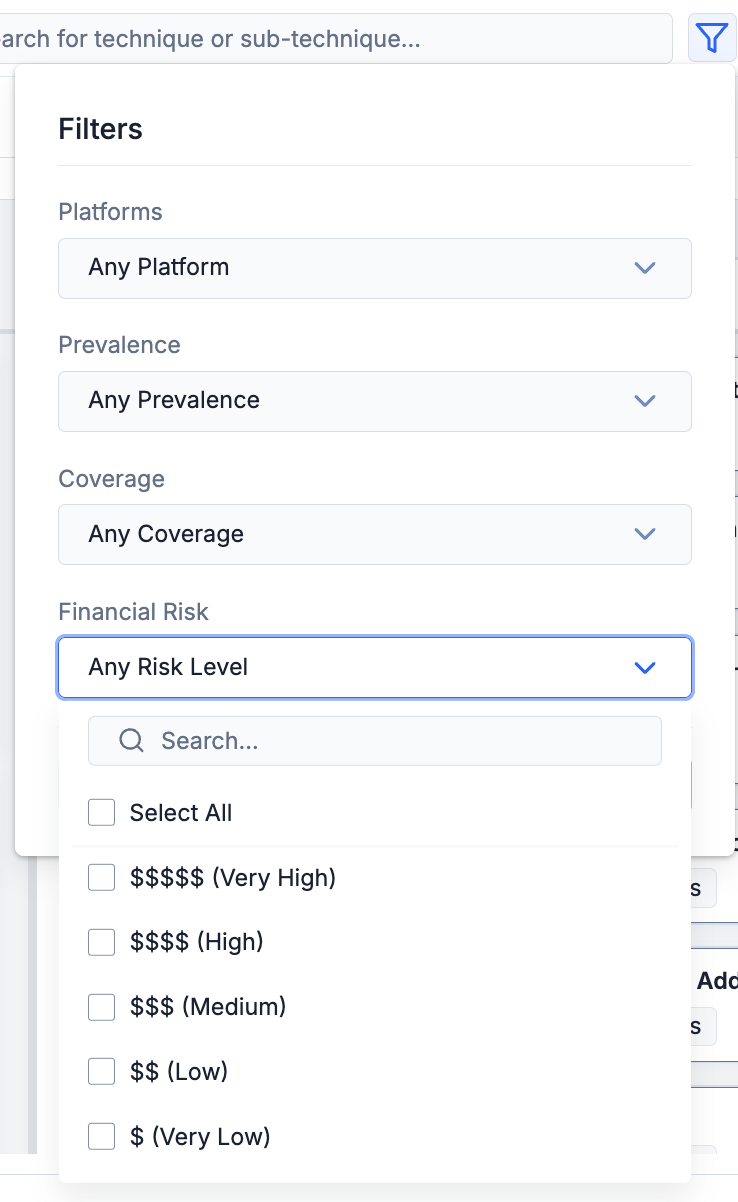 Financial Risk dropdown in ATT&CK Visualizer filters (standard ATT&CK view)