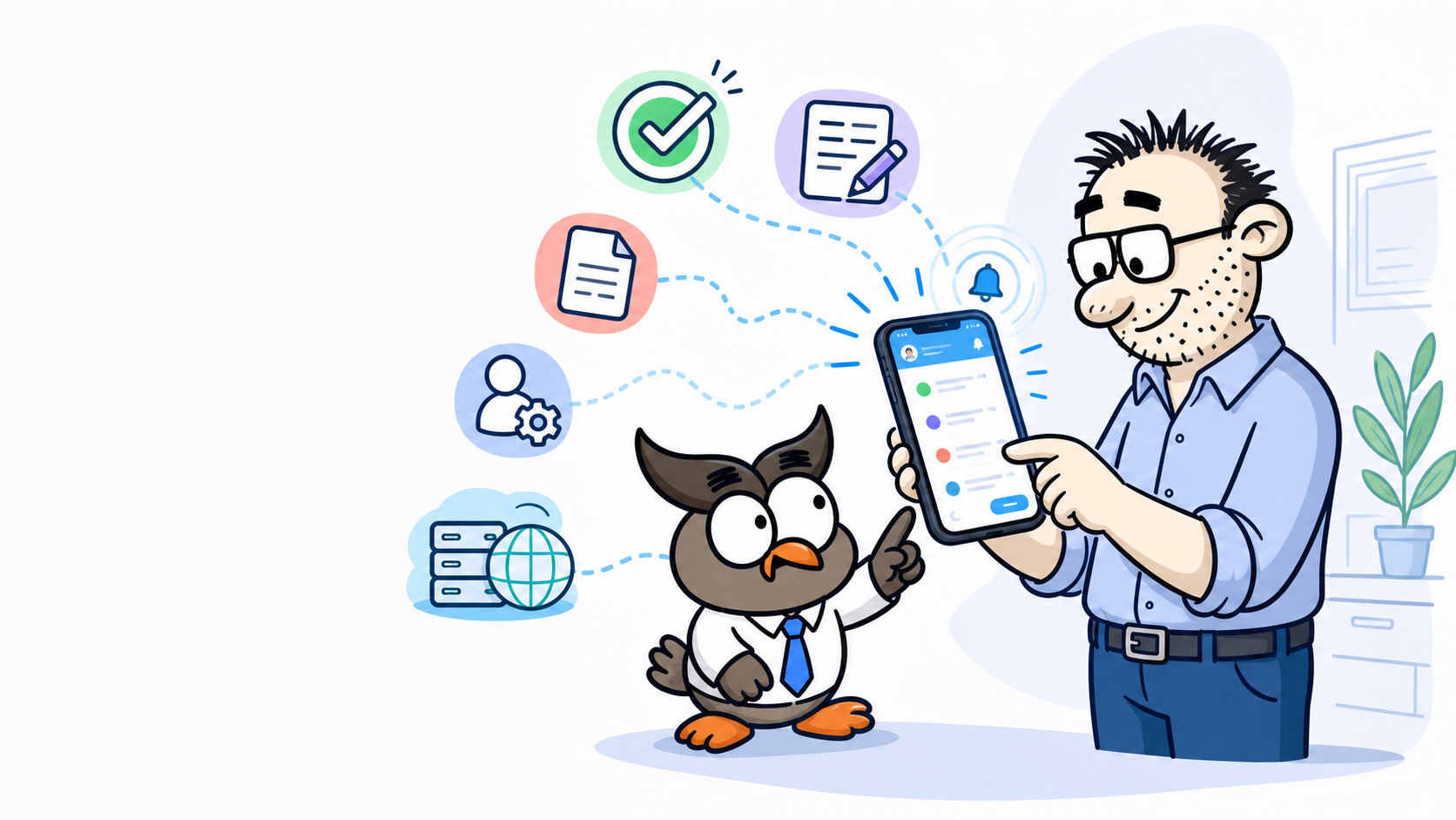 PaperWork işlerine mobil cihazından erişen kullanıcıyı anlatan karikatür