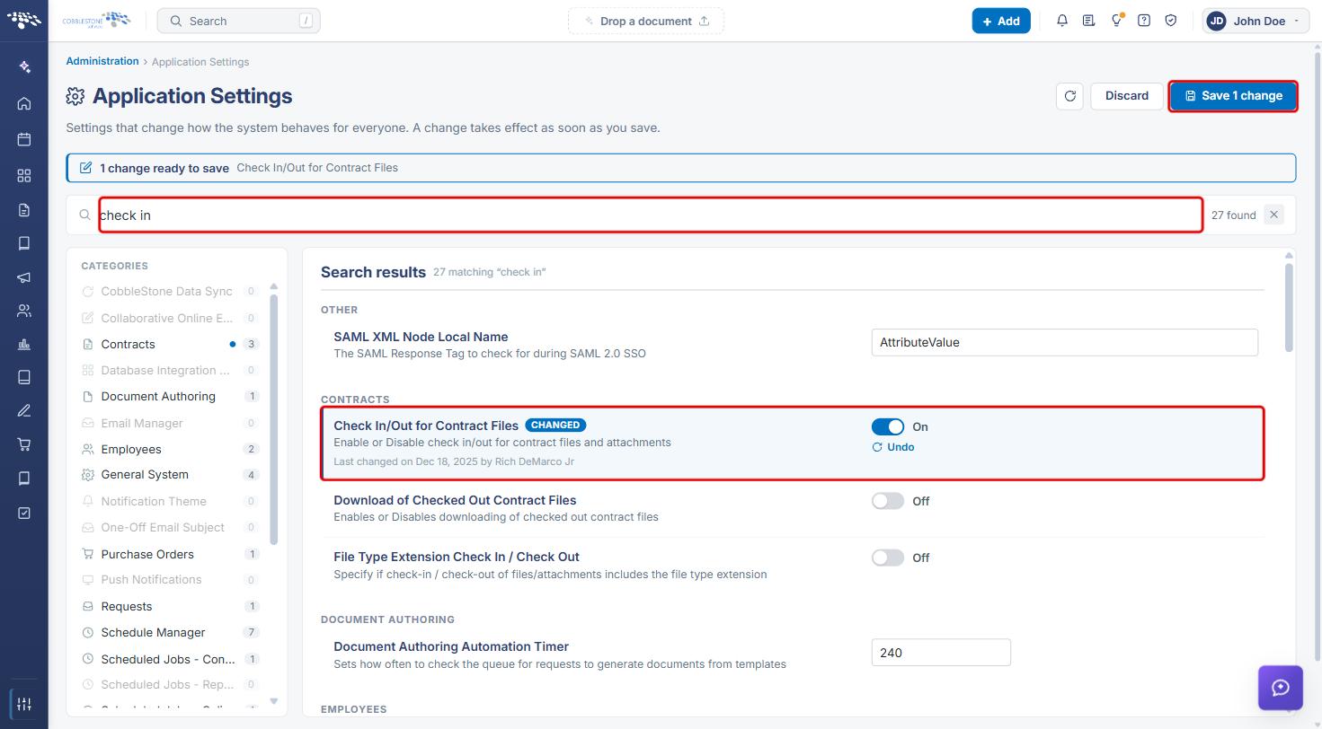 Application Settings with Check In/Out for Contract Files switched on and Save 1 change highlighted