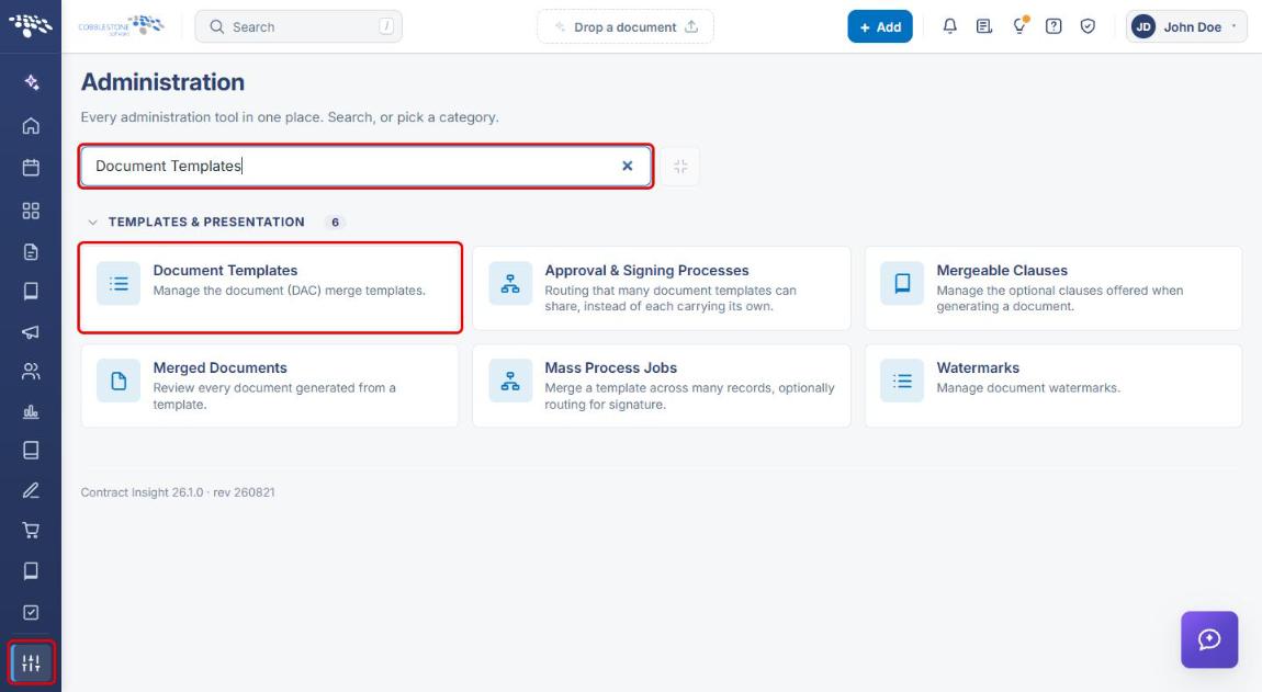 Administration page with Document Templates search and card highlighted