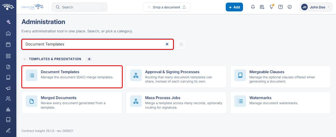 Administration search with Document Templates card