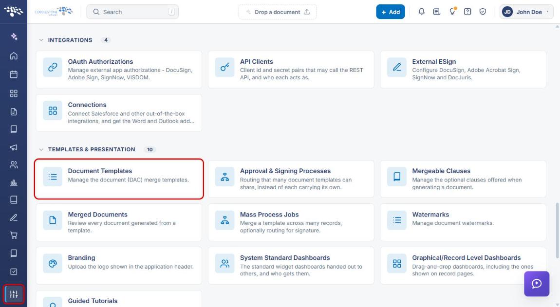 Administration page with the Administration icon and Document Templates highlighted