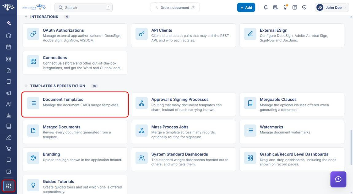Administration page with Document Templates highlighted