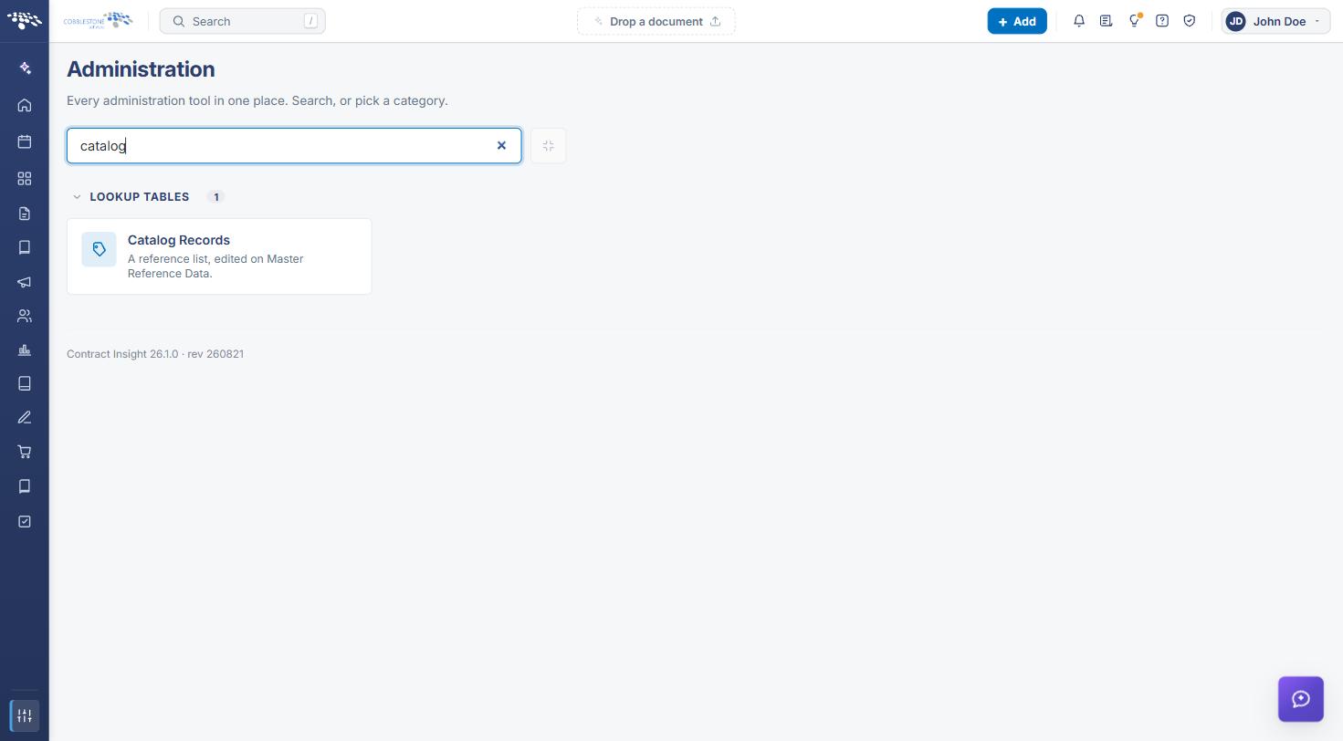 Administration page filtered to Catalog Records