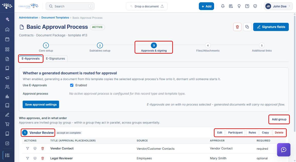 Approvals and signing step, E-Approvals tab, with Add group and group buttons highlighted