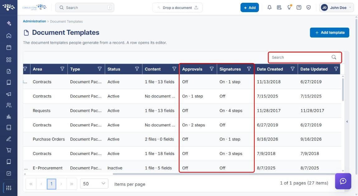 Document Templates grid with Approvals and Signatures columns highlighted