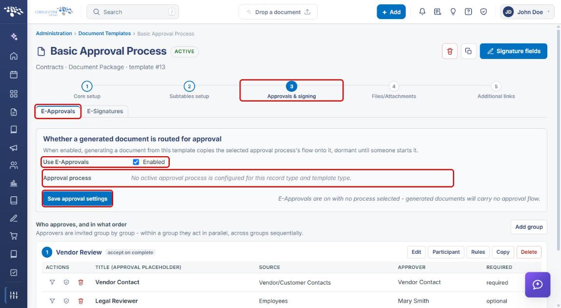 Template Approvals & signing step with E-Approvals tab, Use E-Approvals, Approval process, and Save approval settings highlighted