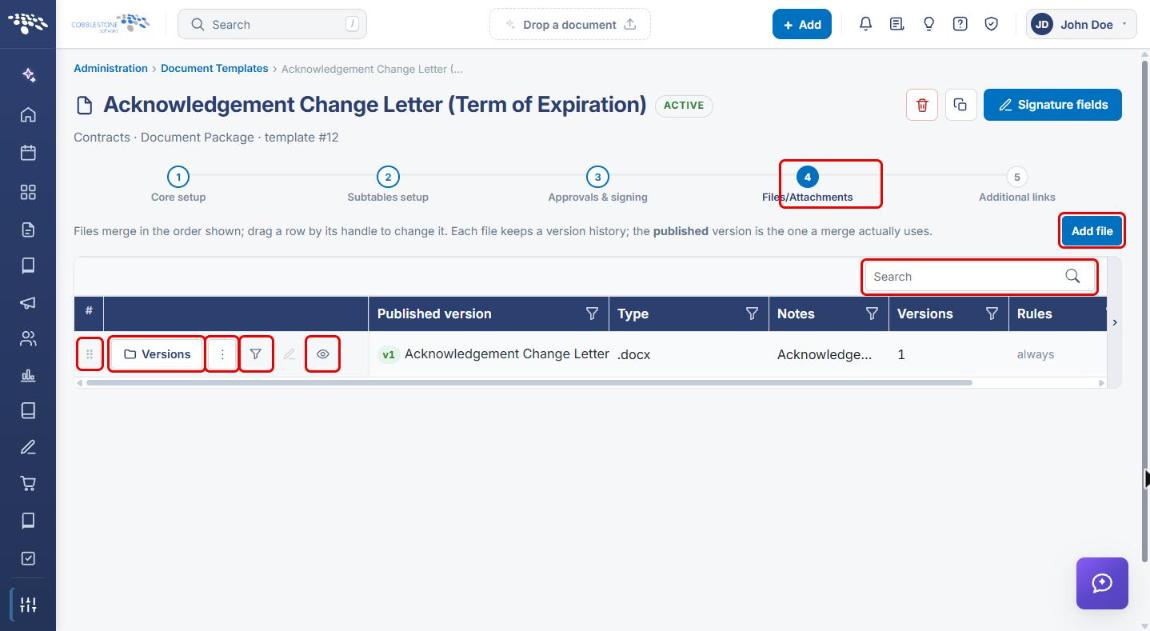 Files/Attachments step with Add file, Search, and row tools highlighted