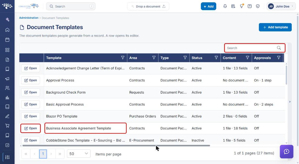 Document Templates list with Search and the Open button for a template highlighted