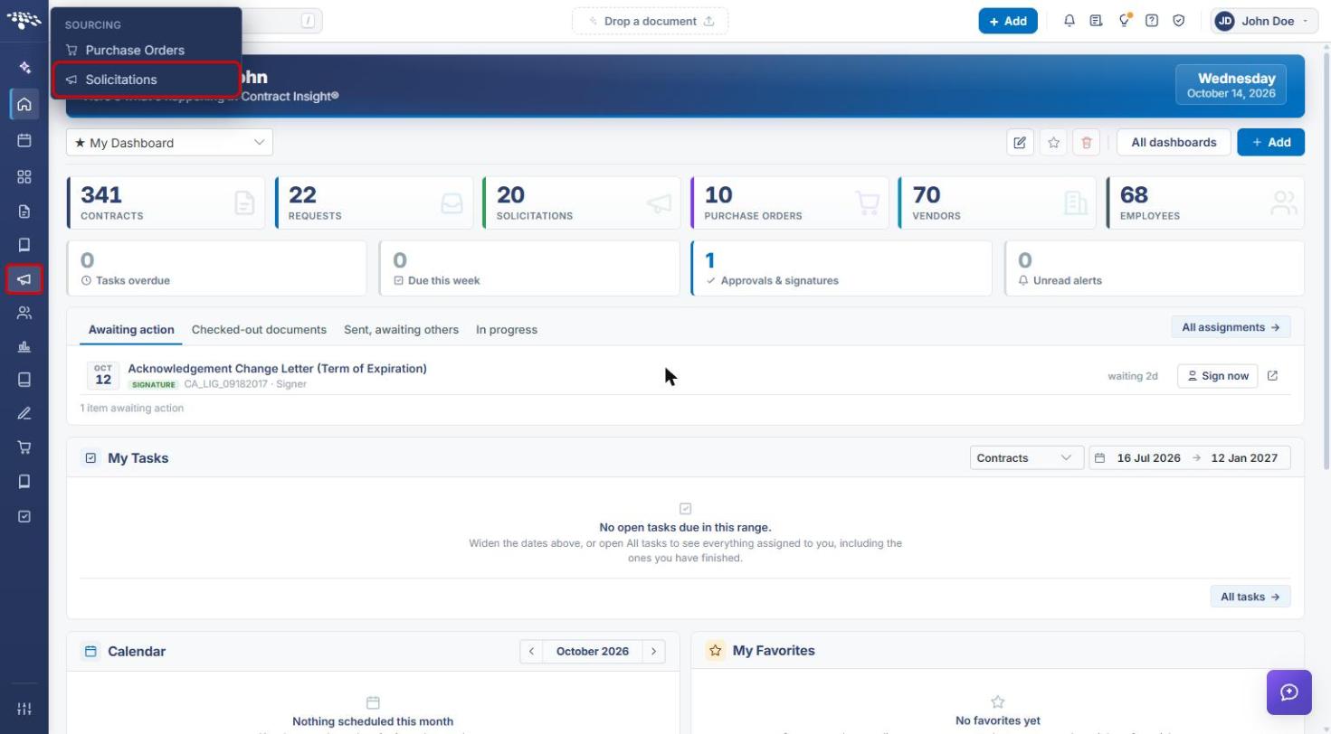 Sourcing menu with Solicitations highlighted