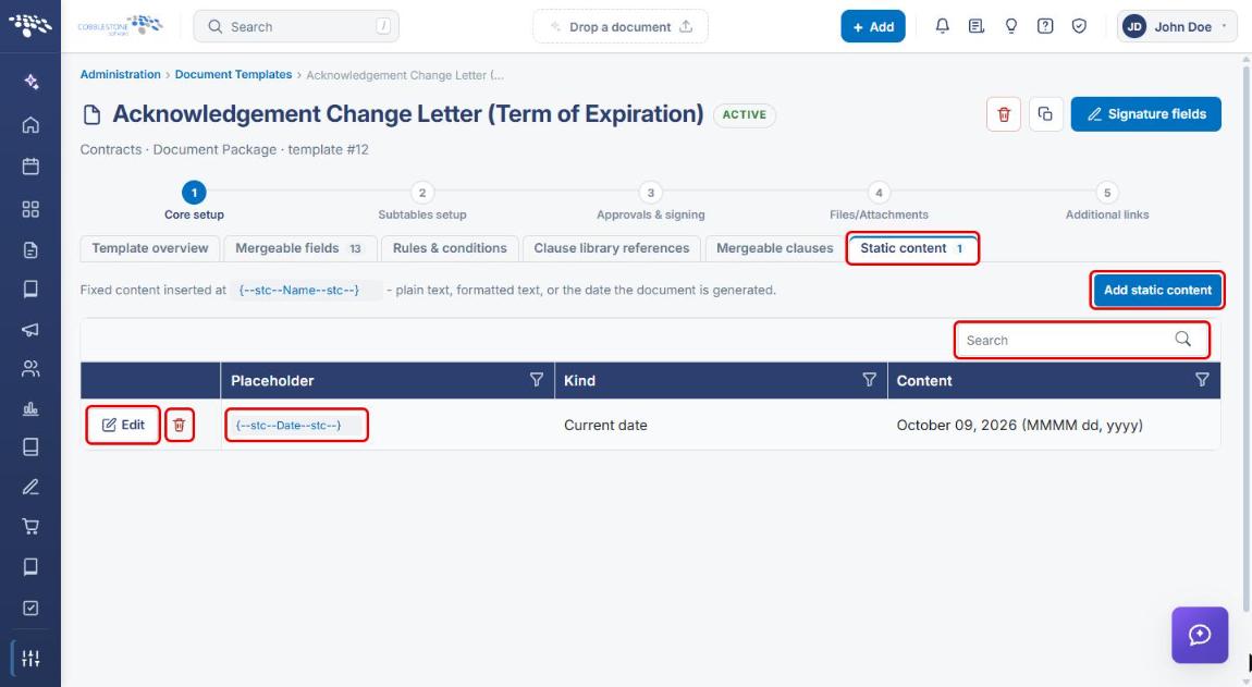 Static content tab with Add static content, Search, Edit, Delete, and placeholder highlighted