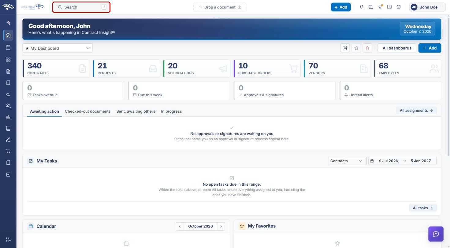 Contract Insight homepage with the Search box highlighted