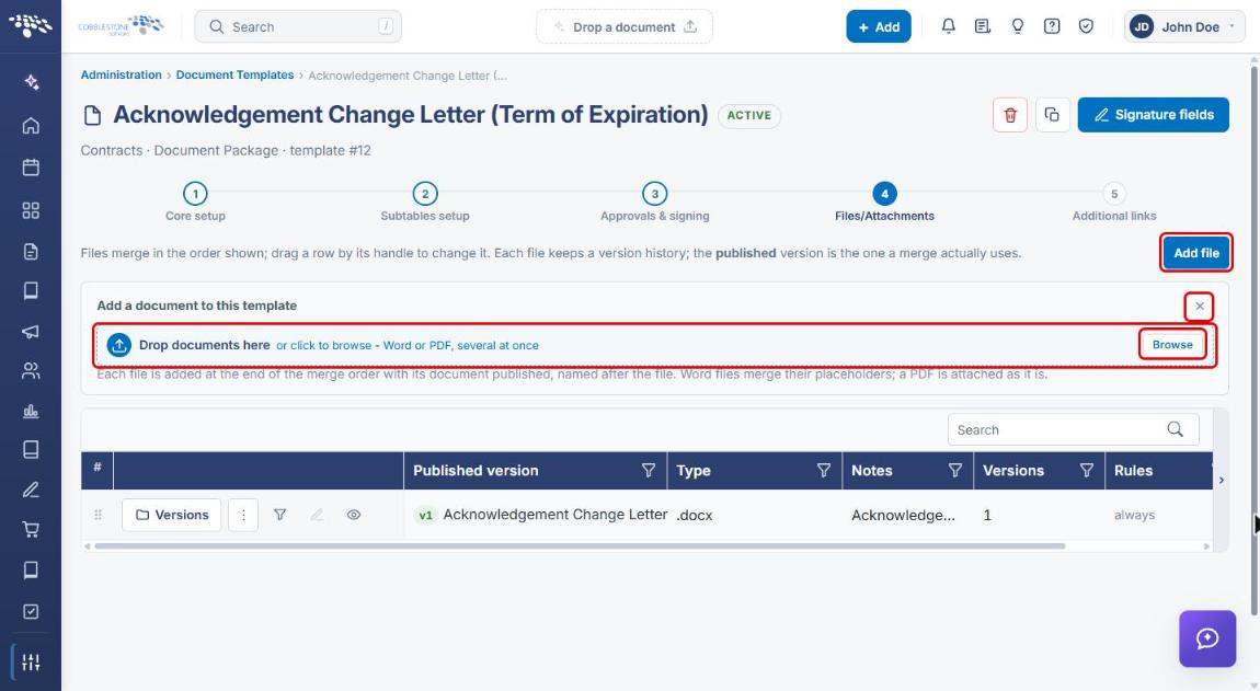 Add a document to this template panel