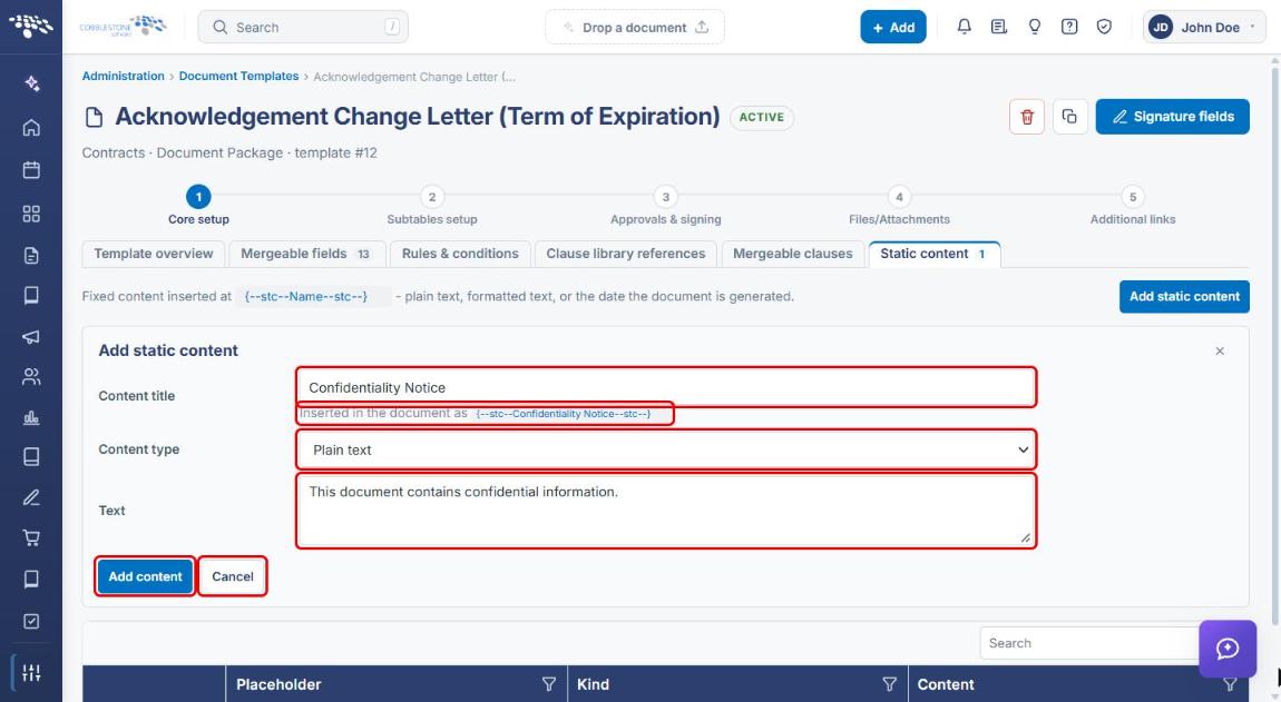 Add static content form with Plain text